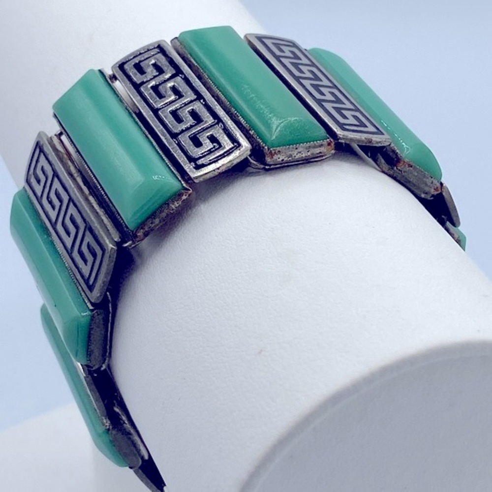 Vintage Art Deco Geometric Shape Silver And Green Glass Stones Linked Bracelet - Picture 7 of 7